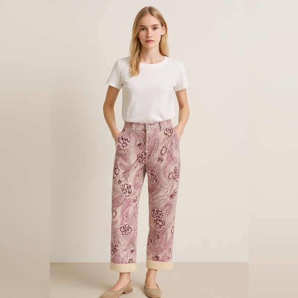 Derek Lam 10 Crosby Atticus Floral Tapered Linen Utility Pants Pink Womens - Picture 1 of 7